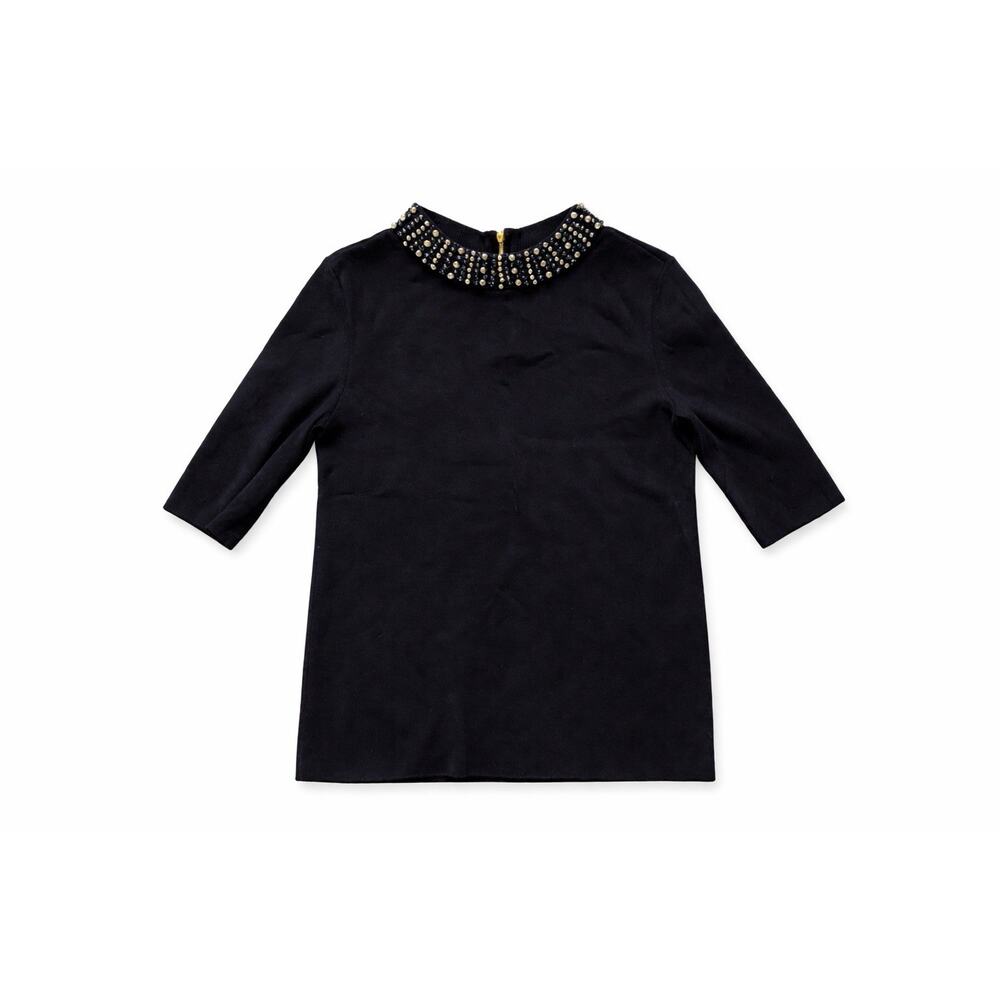 Talbots Black Womens Small Beaded Mock Neck Knit Sweater Top 3/4 Sleeve